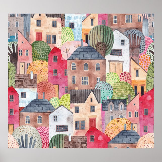 Abstrakt Houses: Sömlös bakgrund med vattenfärg. Poster (Framsidan)