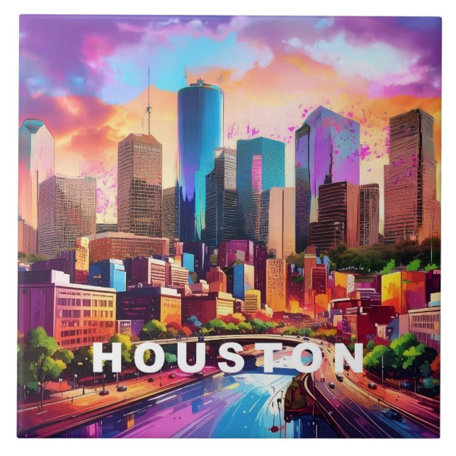 Abstrakt Houston Skyline Art Modern Cityscape Kakelplatta (Framsidan)