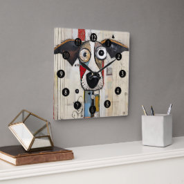 Abstrakt Hund Wide Eyed Fyrkantig Klocka