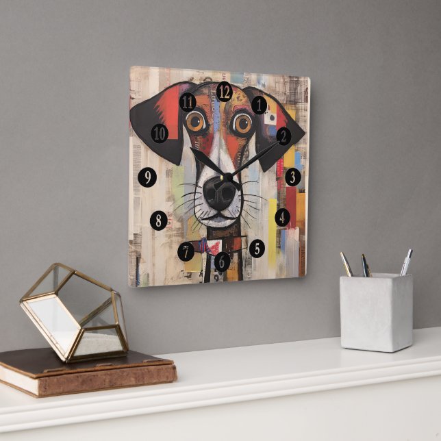 Abstrakt Hund Wide Eyed Fyrkantig Klocka (Kontor)