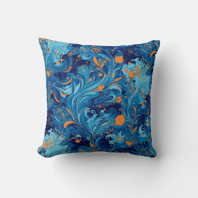 Abstrakt i blå och orange blomstermönster kudde (Framsida)