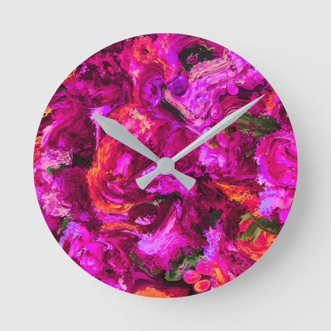 Abstrakt i Lila Orangar och Gröntar Rund Klocka (Framsida)