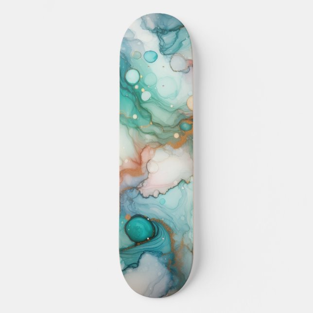 Abstrakt i rosa, turkos, blå och guld mini skateboard bräda 18,5 cm (Framsida)