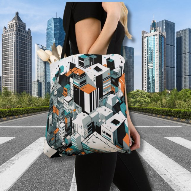 Abstrakt i stadsstaden Skyscraper på Stiga upp Byg Tygkasse (Urban Rhythms Cityscape All-Over Printed Tote)