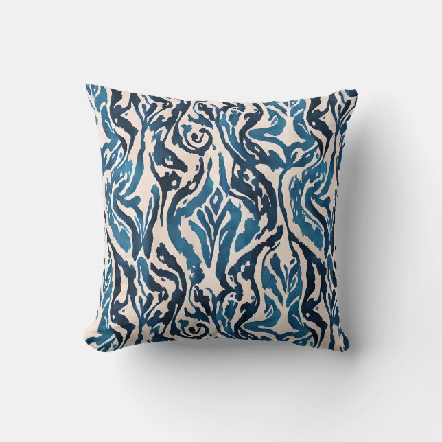 Abstrakt Ikat Watercolor Inspired Blue Kudde (Framsida)