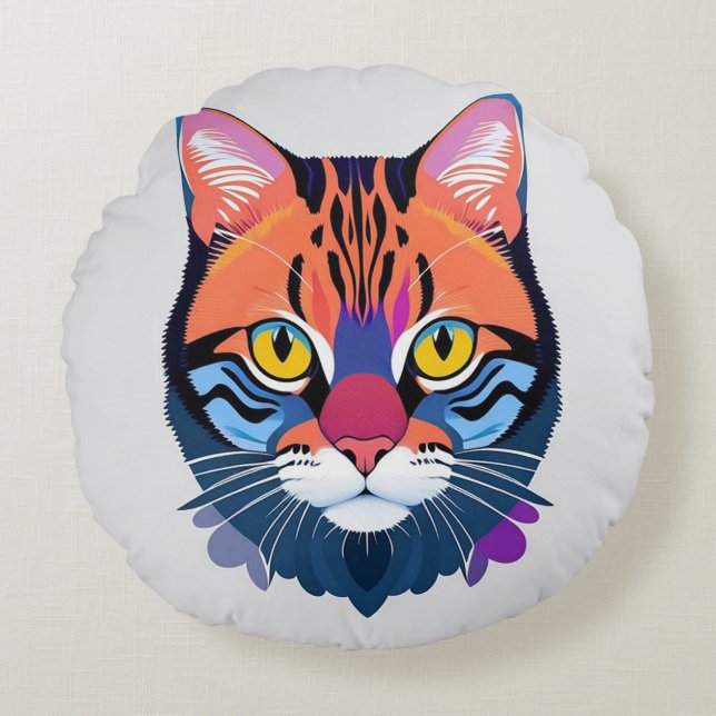 Abstrakt illustration av en kattansikte rund kudde (Framsidan)