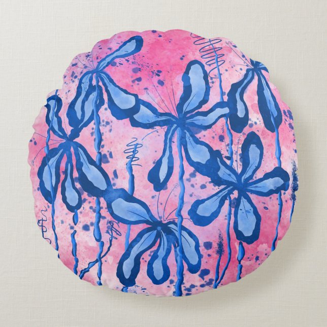 Abstrakt Inked Flowers Rosa Blue Lilies Rund Kudde (Framsidan)