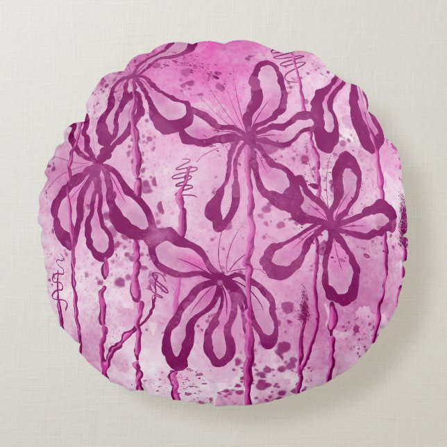 Abstrakt Inked Flowers Rosa Lilies Rund Kudde (Framsidan)