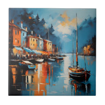 Abstrakt intsionistisk hamn vid solnedgång