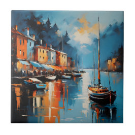 Abstrakt intsionistisk hamn vid solnedgång kakelplatta