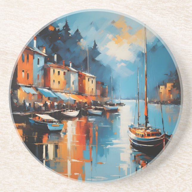 Abstrakt intsionistisk hamn vid solnedgång underlägg (Framsidan)