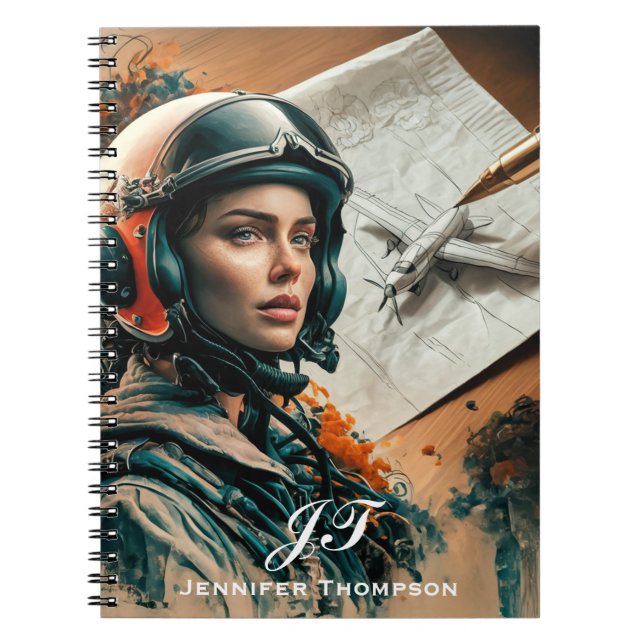 Abstrakt, intsionistisk kvinnlig pilot och flygpla anteckningsbok (Framsidan)