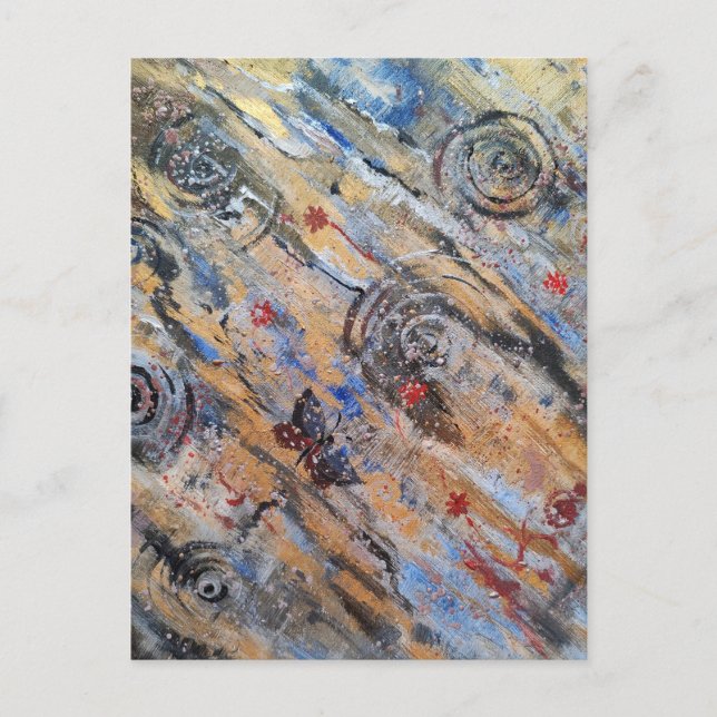 Abstrakt jordnära gyllene och silver fjäril vykort (Framsida)