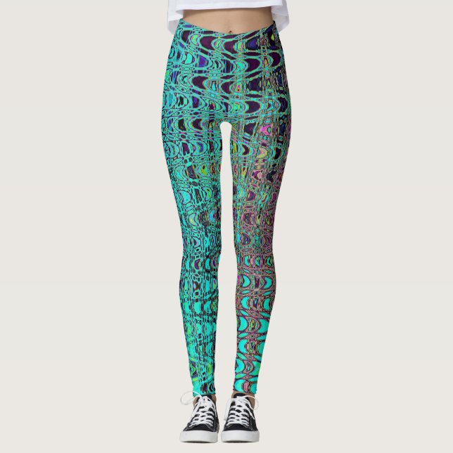 Abstrakt Kaleidoscopic Aqua Retro Boomerang Vågar Leggings (Framsida)
