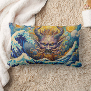 Abstrakt Kanagawa wave Oni demon Van Gogh mix Lumbarkudde