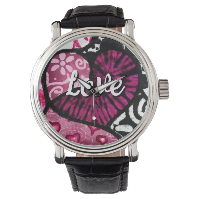 Abstrakt Kärlek Heart Rosa Blommigt Polka dots Bla Armbandsur (Framsida)