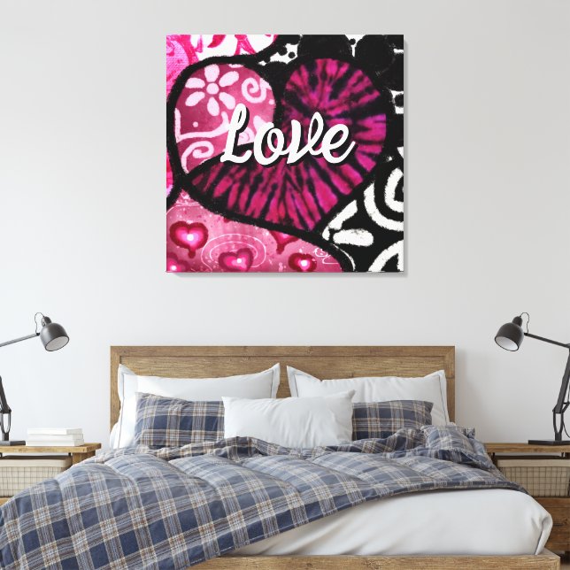 Abstrakt Kärlek Heart Rosa Blommigt Polka dots Bla Canvastryck (Insitu (sovrum))