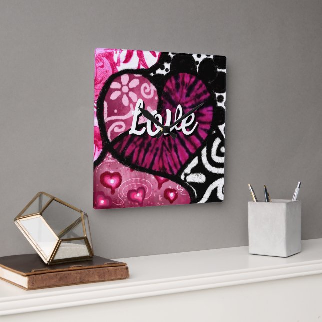 Abstrakt Kärlek Heart Rosa Blommigt Polka dots Bla Fyrkantig Klocka (Kontor)