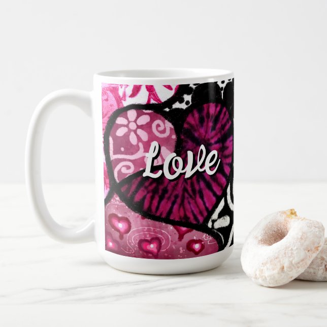 Abstrakt Kärlek Heart Rosa Blommigt Polka dots Bla Kaffemugg (Med munk)