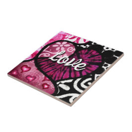 Abstrakt Kärlek Heart Rosa Blommigt Polka dots Bla Kakelplatta