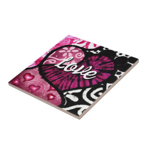 Abstrakt Kärlek Heart Rosa Blommigt Polka dots Bla Kakelplatta