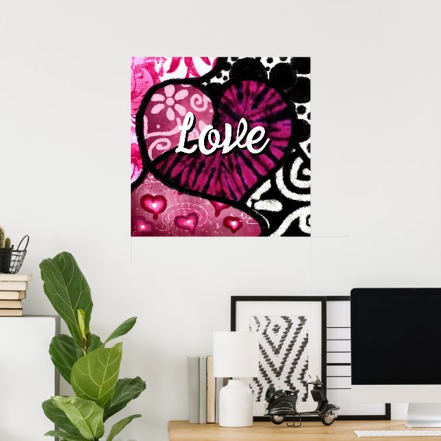Abstrakt Kärlek Heart Rosa Blommigt Polka dots Bla Poster (Hemmakontoret)
