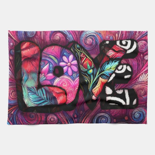 Abstrakt Kärlek Ord Graffiti Valentine Blommigt Ro Kökshandduk (Horisontell)