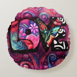 Abstrakt Kärlek Ord Graffiti Valentine Blommigt Ro Rund Kudde