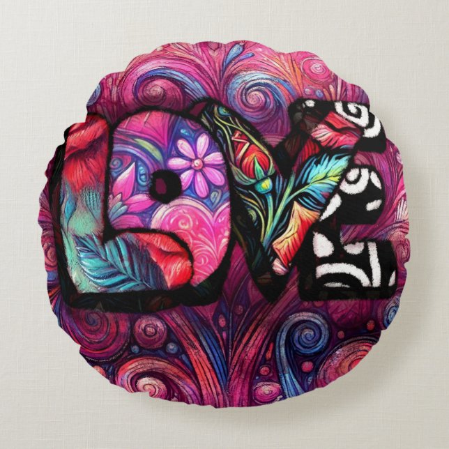 Abstrakt Kärlek Ord Graffiti Valentine Blommigt Ro Rund Kudde (Framsidan)