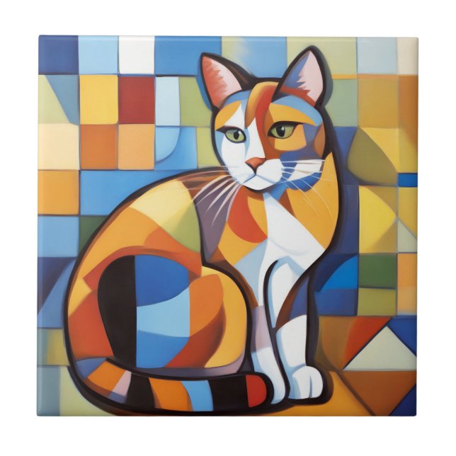 Abstrakt Kattdjur Beauty Calico Cat Cubist Kakelplatta (Framsidan)