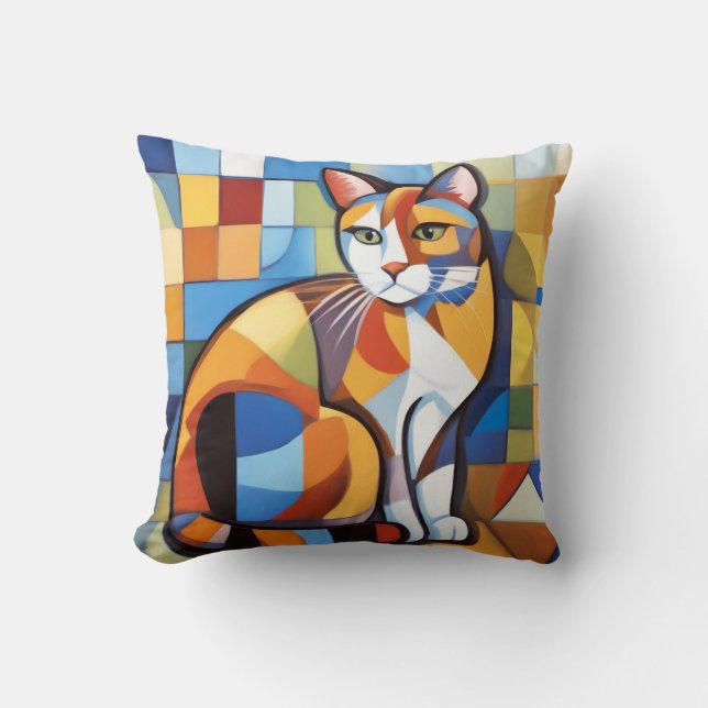 Abstrakt Kattdjur Beauty Calico Cat Cubist Kudde (Framsida)