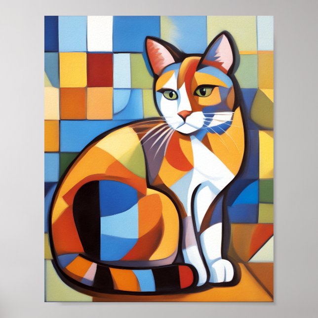 Abstrakt Kattdjur Beauty Calico Cat Cubist Poster (Framsidan)