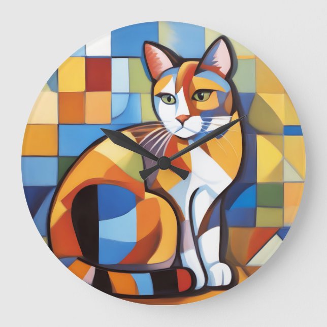 Abstrakt Kattdjur Beauty Calico Cat Cubist Stor Klocka (Framsida)