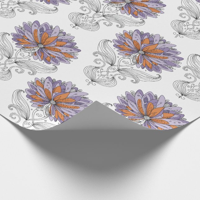 Abstrakt klotter konst stil blommor lila orange presentpapper (Hörn)