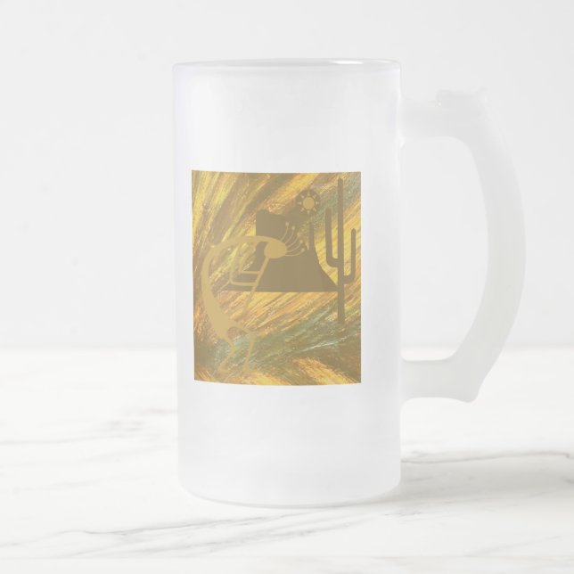 Abstrakt Kokopelli med Mesa, Cactus & Sol Frostat Ölglas (Höger)