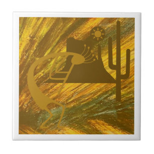 Abstrakt Kokopelli med Mesa, Cactus & Sol Kakelplatta
