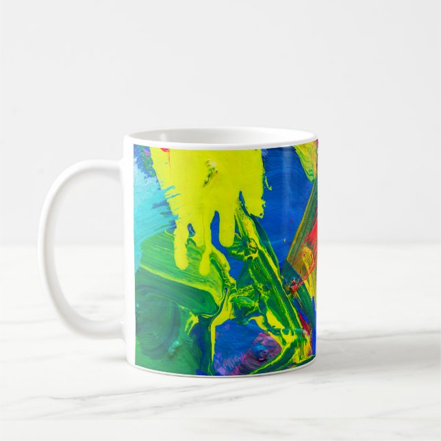 Abstrakt konsbakgrund. Handmålad bakgrund.  Kaffemugg (Vänster)