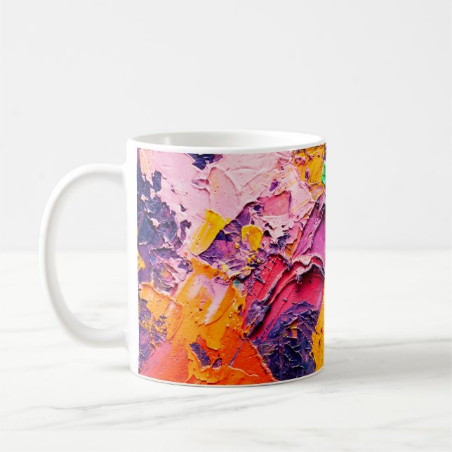 Abstrakt konsbakgrund. Oljemålning på arbetsyta. M Kaffemugg (Vänster)