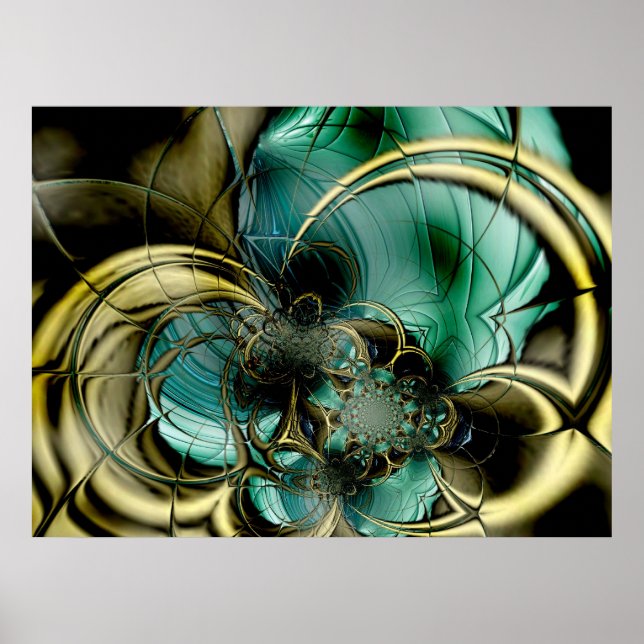 Abstrakt konst affisch Metall Guld Teal Glas (Framsidan)