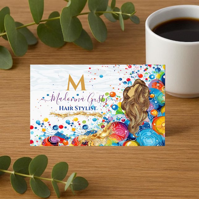 Abstrakt konst Bubblor Guld Monogram Frisör  Visitkort (Abstract Art Bubbles Golden Monogram Hair Stylist Business Card)