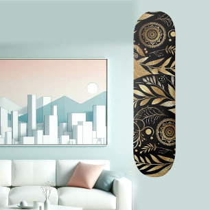 Abstrakt konst Guldblad Svart Minimal Boho Funky Mini Skateboard Bräda 18,5 Cm
