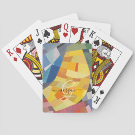 Abstrakt konst, guldmonogram, svart namn i skrivst casinokort