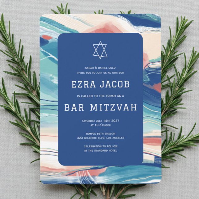 Abstrakt konst Stjärna Davidspecial Bar Mitzvah Inbjudningar (Abstract Handmade Art Star of David Custom Bar Bat Mitzvah Invitation
)