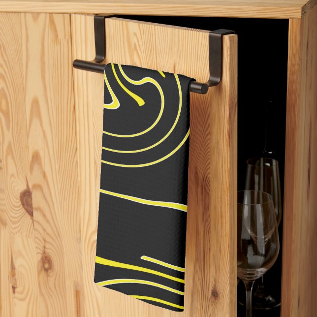 Abstrakt konst svart vit gul linjer minimalism kökshandduk (Thirds Fold)