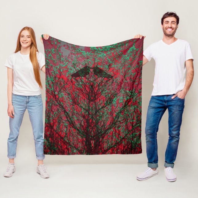 Abstrakt kråka träd rosa aqua fleece filt (På plats)
