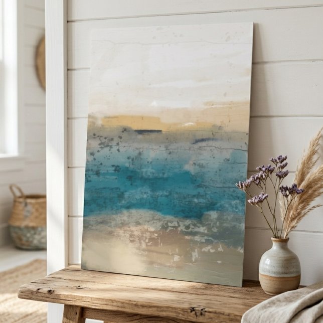 Abstrakt kustlandskap i teal och beige poster (This peaceful abstract landscape on the art poster brings a relaxing vibe to your living room.)