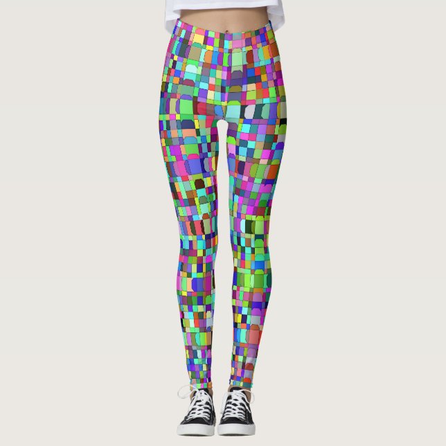Abstrakt Kvadratformer Multifärgaden Mönster Leggings (Framsida)