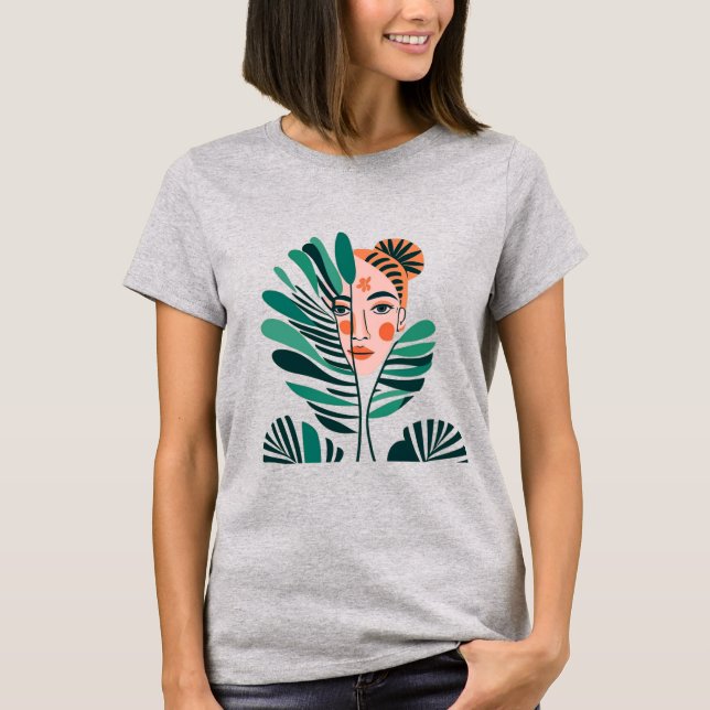 Abstrakt kvinnans ansikte bakom träd löv t shirt (Framsida)