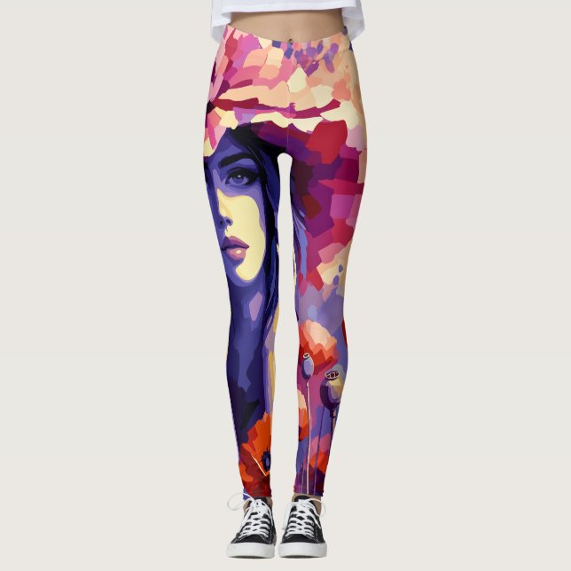 Abstrakt kvinnoporträtt & blomsterkonst Leggings (Framsida)