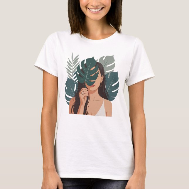 Abstrakt Kvinnor med Monstera Plant T Shirt (Framsida)